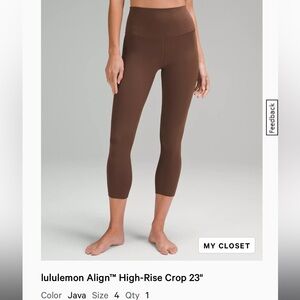 Lululemon Align High-Rise Crop 23” - Java Sz 4